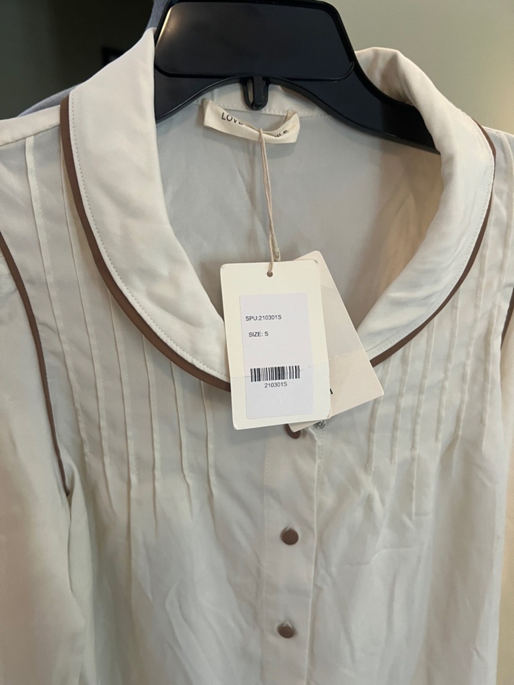 Cream Long-Sleeve Peter Pan Collar Blouse with Brown Trim - Picture 4 of 11